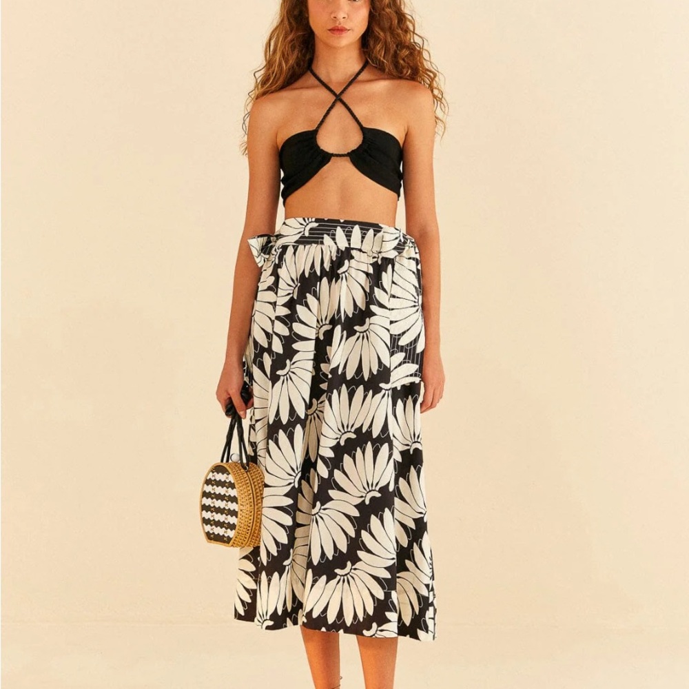 FARM Rio Black and White Asymmetrical Wrap Midi Skirt